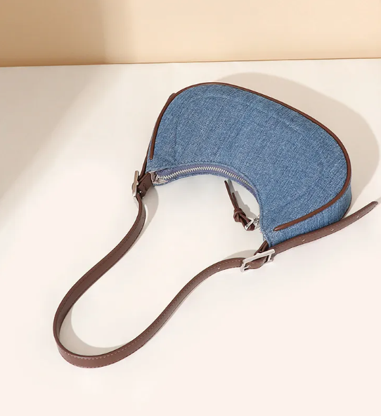 French Retro Denim Crescent Handbag